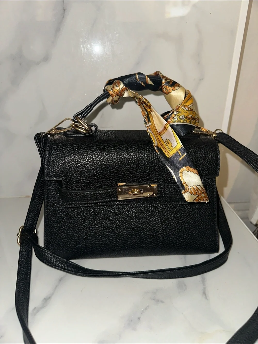 Black Structured Top-Handle Women's Crossbody Bag with Scarf Accent